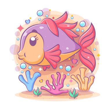 Güzel mor disk balığı mavi çizim baloncuğunun yanında yüzer.