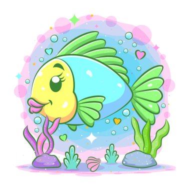 Büyük dudaklı küçük balıklar mavi çizim denizinin altında yüzerler.