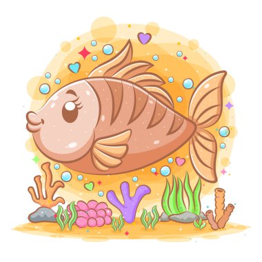 Resimler denizinin altındaki kahverengi büyük somonun çizimi.