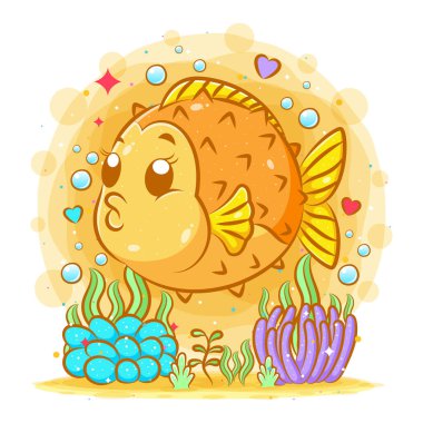 Şirin sarı kirpi balığı ve büyük vücudu illüstrasyon denizinin altında.