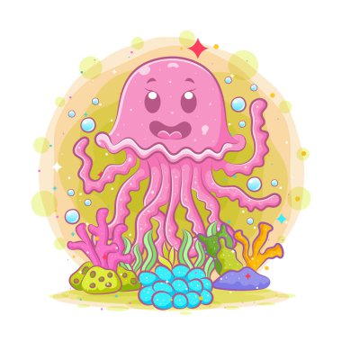 Güzel bebek denizanasının karikatürü çizim denizinde