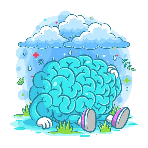 Triste Cerebro Sienta Bajo Las Nubes Lluvia Ilustración — Archivo Imágenes Vectoriales