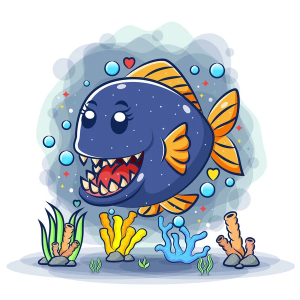 Cute Piranha Sharp Teeth Sea Illustration — Stock Vector