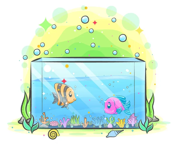 Lådan Med Akvarium Har Två Fiskar Inuti Och Små Korallreven — Stock vektor