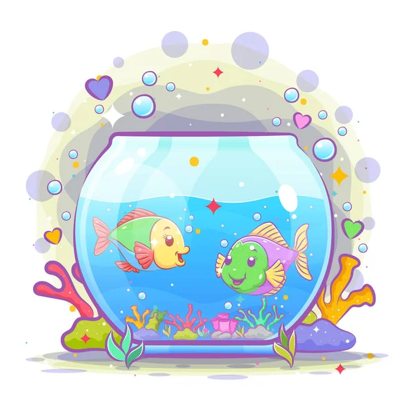 Beautiful Oval Aquarium Have Two Small Fish Illustration — Stock Vector