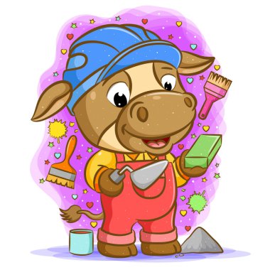 The cartoon of the brown builder cow holding cement spoon with brick clipart