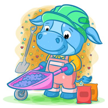 The illustration of the blue cow is pulling the pink wheelbarrow clipart
