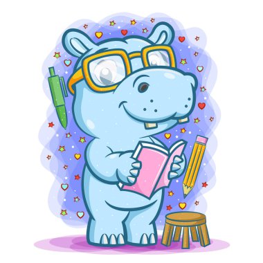 Sabit duran kitabı tutan mavi öğrenci su aygırının çizimi.