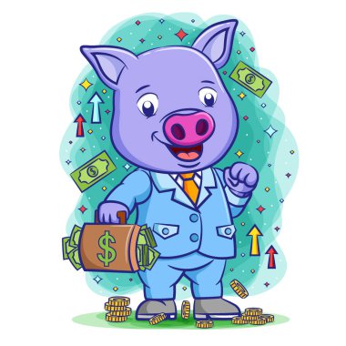 Mutlu patron domuz bir sürü parayla çantayı tutuyor. 