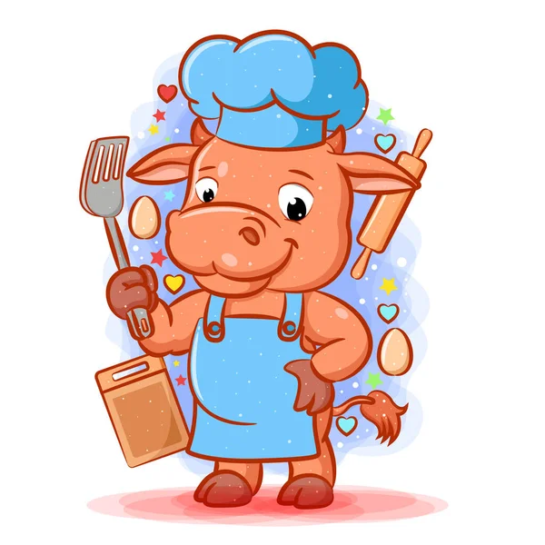 Illustration Brown Master Chef Cow Holding Spatula — Stock Vector