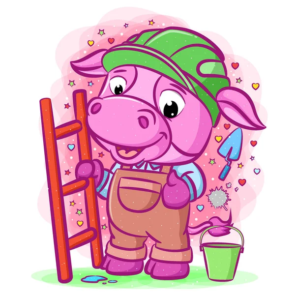 Cartoon Purple Builder Cow Holding Ladder Standing Pail — Stock Vector