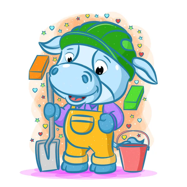 Cartoon Blue Builder Cow Using Green Helmet Holding Shovel — Stock Vector