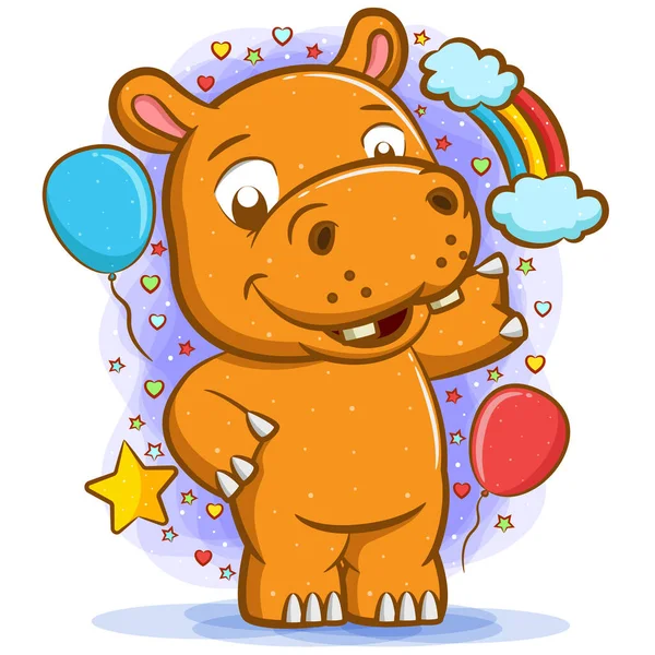 Hippopotame Debout Autour Des Ballons Avec Visage Heureux — Image vectorielle