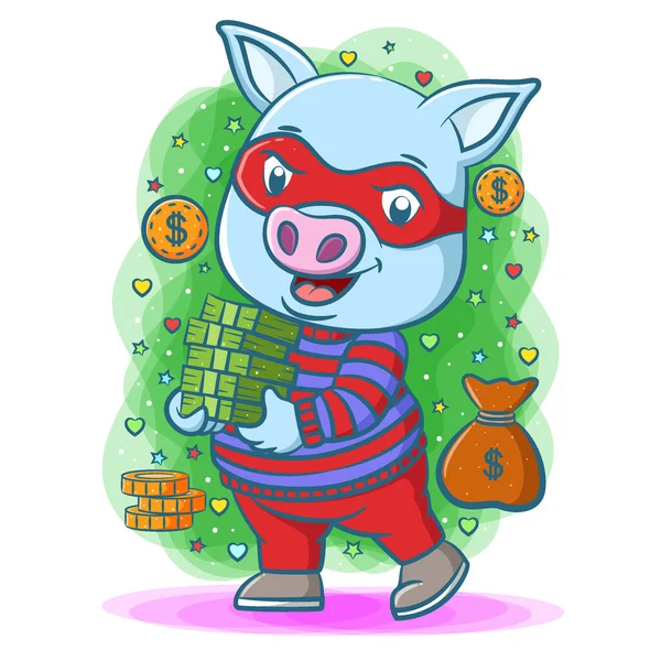 Das Diebesschwein Mit Der Roten Maske Und Einer Menge Geld — Stockvektor