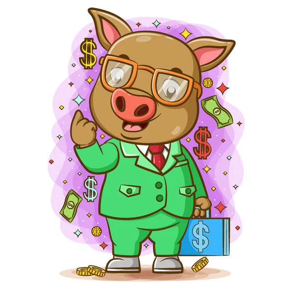 Das Schwein Benutzt Die Brille Und Bringt Den Blauen Sack — Stockvektor