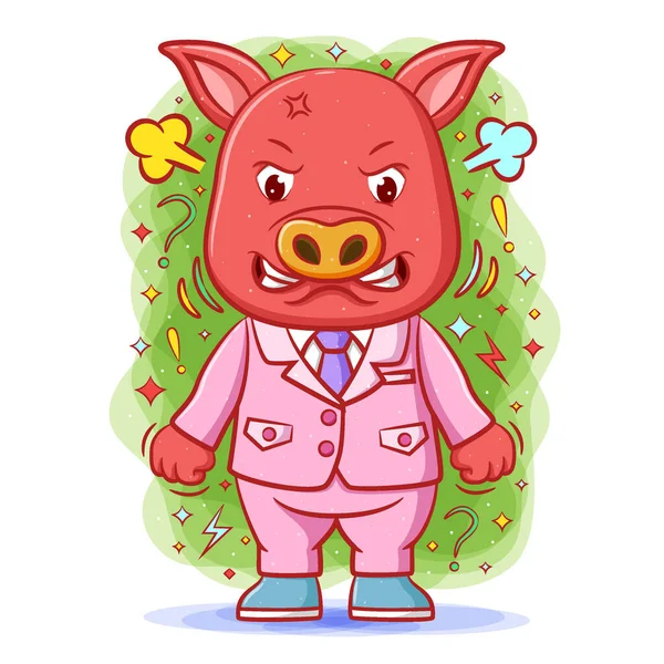 Das Wütende Rote Schwein Mit Dem Stressgesicht Und Geballten Fäusten — Stockvektor