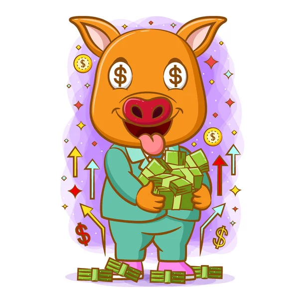 Prasátko Obejme Rukou Spoustu Peněz Šťastným Obličejem — Stockový vektor