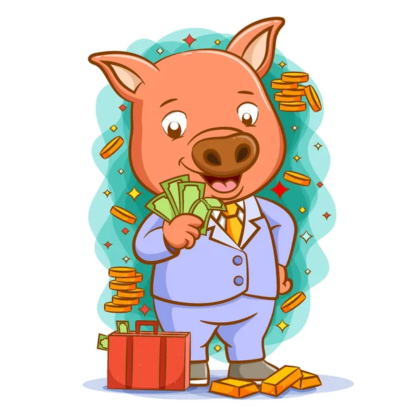 Das Schwein Mit Den Münzen Und Dem Gold Ihn Herum — Stockvektor