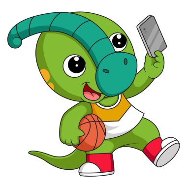 Küçük şirin dinozor çizgi filmi resimli telefonla selfie çekiyor.