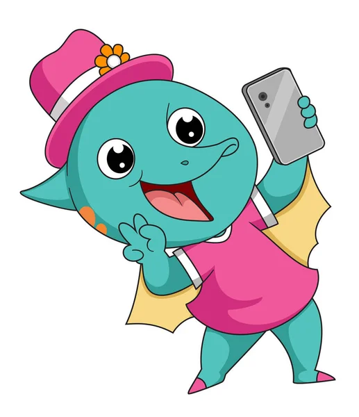 Cute Little Dinosaur Cartoon Taking Selfie Phone Illustration — Stock Vector