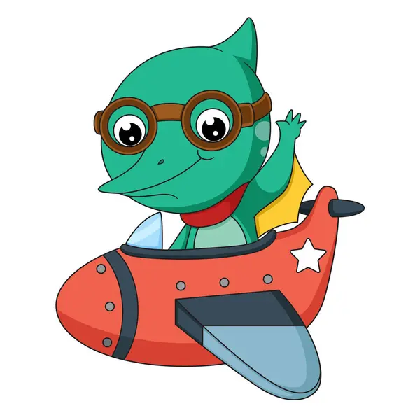 Cute Little Dinosaur Cartoon Plane Illustration — Stock Vector