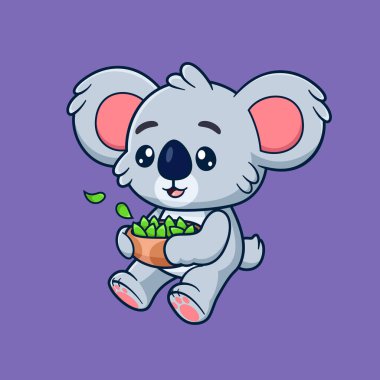 Şirin koala yeme yaprağı ve karikatür vektör ikonu tasviri. Hayvan Gıda Simgesi Konsepti