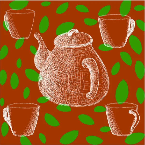 Кухонный Узор Чайником Чашки Коричневом Фоне — стоковый вектор