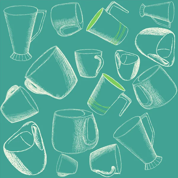 Modèle Avec Des Tasses Différentes Formes Sur Fond Vert — Image vectorielle