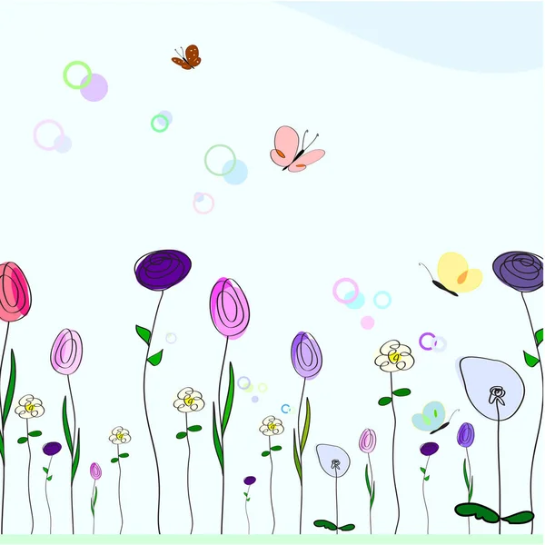 Grafiki Kolorowe Kwiaty Ogrodzie Motylami — Wektor stockowy
