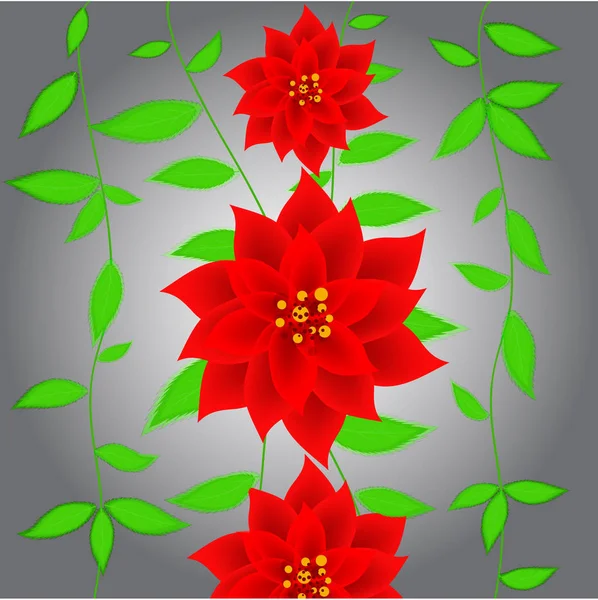 抽象明亮的红色花与叶子在灰色背景 — 图库矢量图片