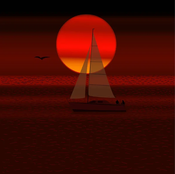 帆船在日落背景下在海上漂浮 简单的矢量图 — 图库矢量图片