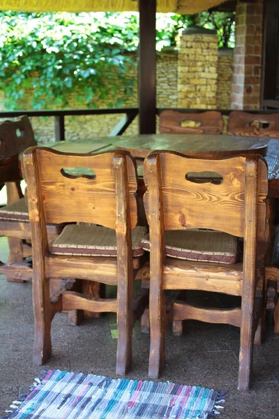 Fából Készült Asztal Szék Patio Közelről — Stock Fotó