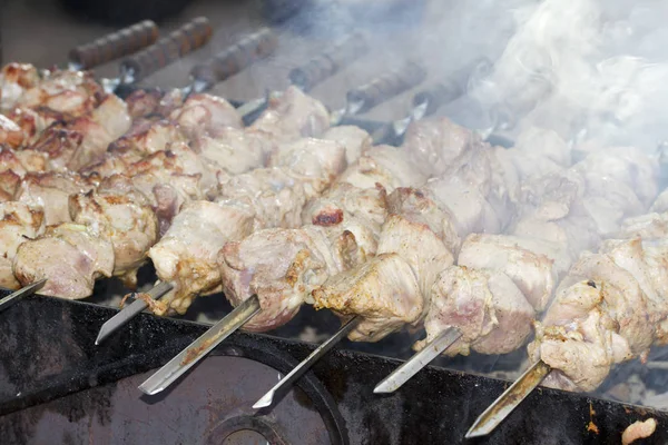 Cozinhar Carne Nas Brasas Pedaços Carne Espetados Espetos Metal Assados — Fotografia de Stock