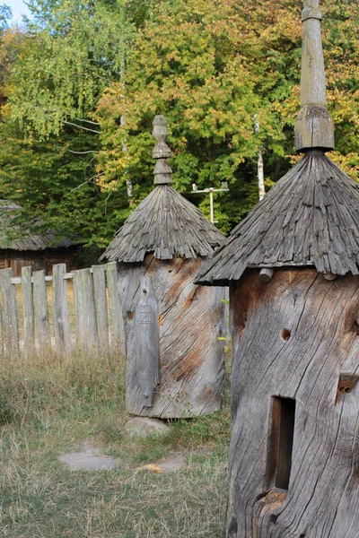 Twee Oude Houten Bee Hives Gazon — Stockfoto