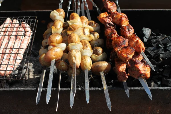 Close Grilled Meat Skewers — Stock Photo, Image