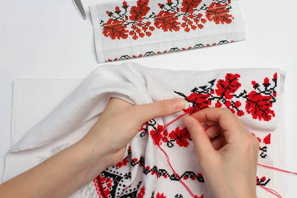 Close Woman Embroidering Ethnic Pattern — Stock Photo, Image