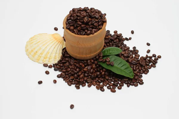 Roasted Coffee Beans Green Leaves White Background — Stock Photo, Image