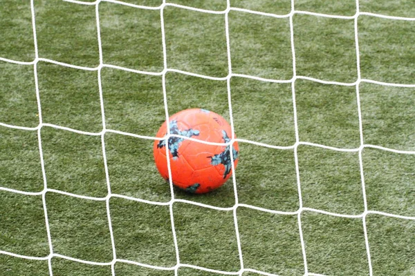 Close Soccer Ball Lying Football Goal — Stock Photo, Image