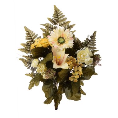 Beyaz arkaplanda yaprakları olan yapay çiçek buketi  