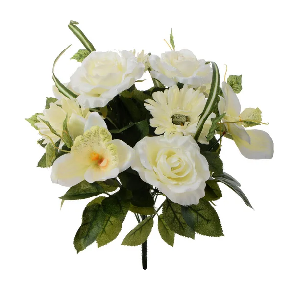Colore Bouquet Fiori Artificiali Con Foglie Isolate Sfondo Bianco — Foto Stock
