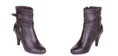 Klasik kadın deri ayak bileği çizmeler booties ayakkabı çifti. İki izole.