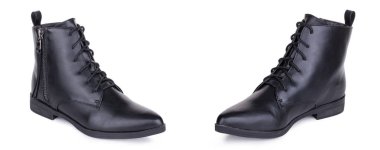 Klasik kadın deri düz ayak bileği çizmeler booties ayakkabı çifti. İki izole.