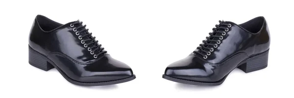 Klasik kadın deri bağcıklı ayak bileği çizmeler booties ayakkabı çifti. İki izole.