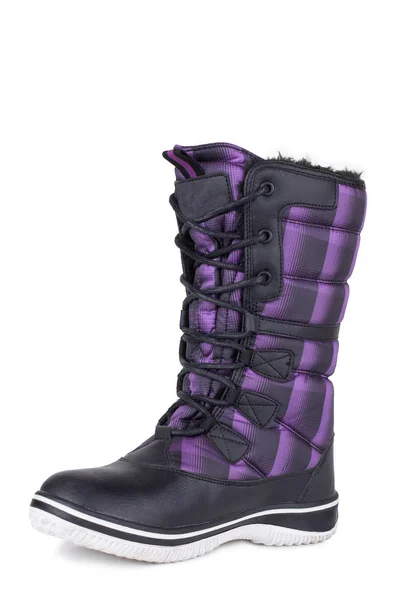 一只黑色和紫色的光滑面料羊毛衫女冬季靴被隔离 — 图库照片