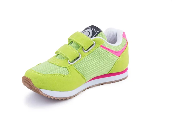 One colorful bright green children laced snickers shoe boot isolated — ストック写真