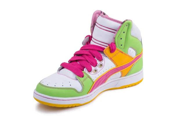 One graphite colorful white, green and pink leather casual ankle sneakers shoe isolated white background 图库图片