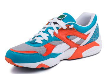 One colorful white, turquoise orange leather and fabric casual ankle sneakers shoe isolated white background
