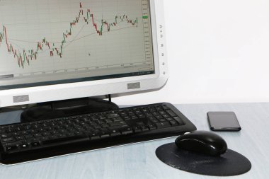 Yakın çekim-tablo bir monitör için bir bilgisayar, bir fincan kahve, bir akıllı telefon, bir hisse senedi grafiği