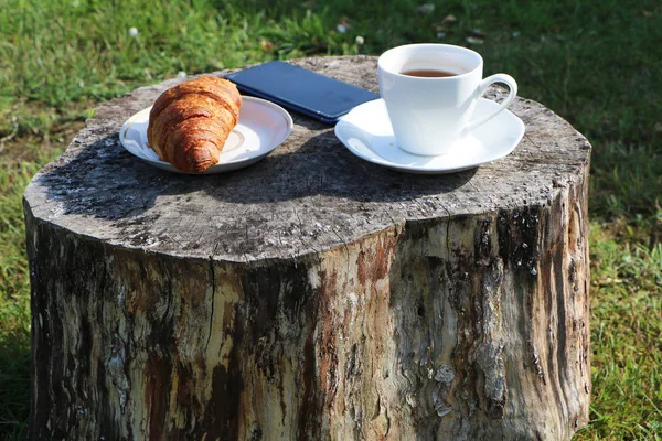 Woman in the summer has breakfast in a summer — Stock Photo, Image