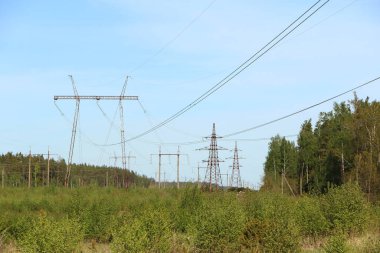 Mavi gökyüzüne ve yaz doğasına karşı yüksek voltajlı elektrik hatları. Güç Dağıtım İstasyonu.